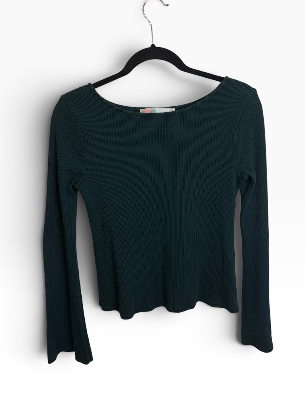 Free People Beach Teal Ribbed Long Bell Sleeve Boatneck Top